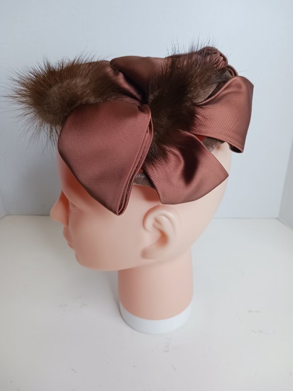 Vintage Faux Fur Brown Bow Fascinator Derby Skull Cap Church Hat Made in USA